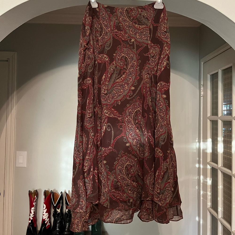Lauren by Ralph Lauren brown paisley ruffle hem flowy silk skirt